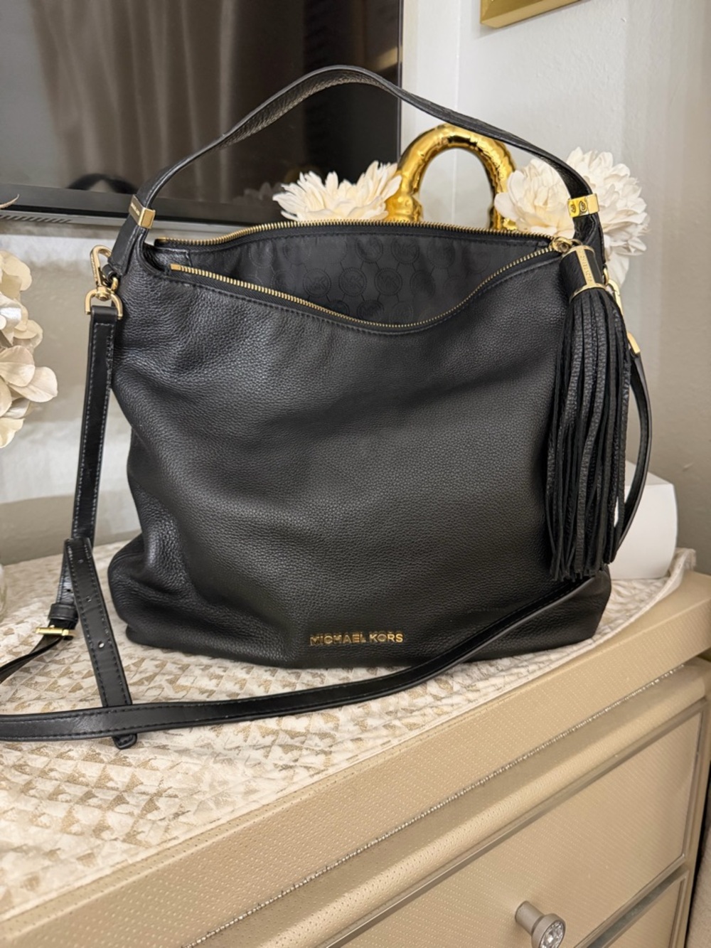 Michael Kors Black Leather Hobo Bag with Tassel